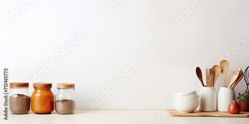 Utensils on white table with copy space in kitchen food background.