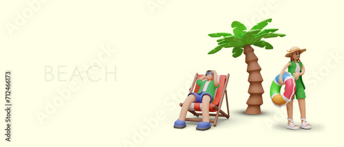 Beach vacation advertising. 3D scene with cartoon style characters. Man and woman sunbathe in tropical resort under palm trees. Active summer leisure banner