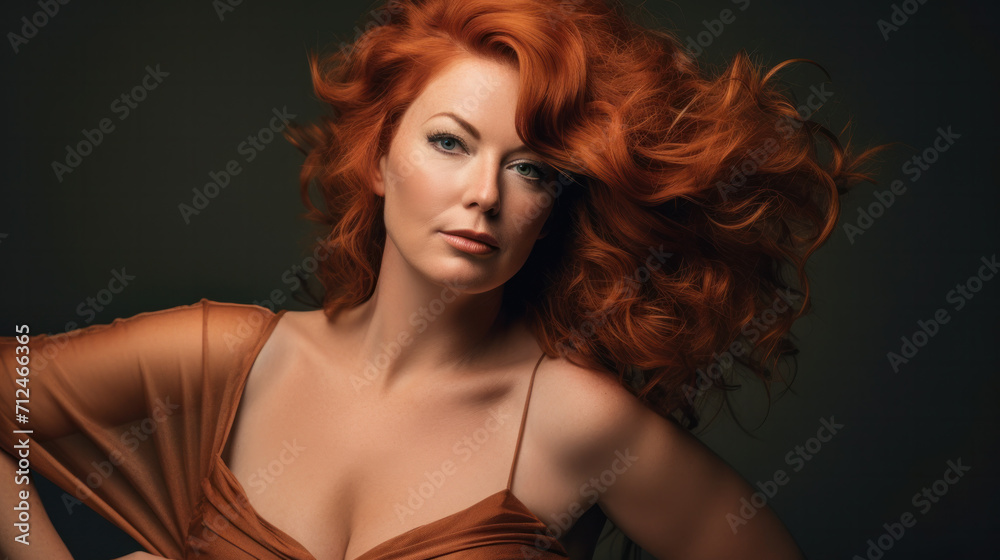 Beauty portrait of red-haired beautiful woman on studio background With copy space. Art hairstyle. Beauty portrait of red-haired beautiful woman on studio background With copy space. Art hairstyle.