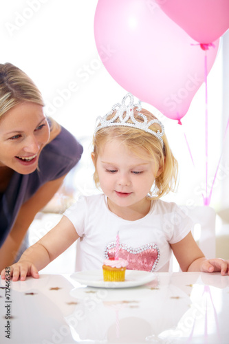 Birthday, girl and mother with cupcake, candle and balloons for party, celebration and fun. Toddler with princess tiara, cake or dessert and woman with child at family home for milestone and event