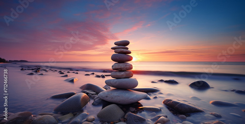 Pyramid of pebbles on the seashore.Stacked stones on the beach at sunset. Beautiful seascape