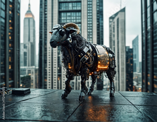 未来的な都市に佇む電気羊 電脳羊 サイバーアニマル Electric sheep standing in a futuristic city Electric sheep Cyber animal
