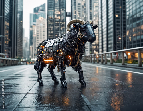 未来的な都市に佇む電気羊 電脳羊 サイバーアニマル  Electric sheep standing in a futuristic city Electric sheep Cyber animal © Jir