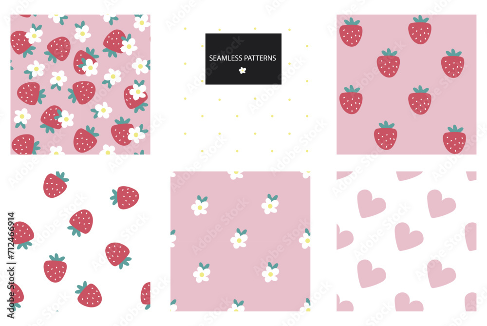 A collection of 6 sweet basic shabby chic patterns. Seamless texture with strawberries, hearts, flowers. Texture for fabrics, paper, wallpapers in shabby chic style, simple strawberries. Flat style. A collection of 6 sweet basic shabby chic patterns. Seamless texture with strawberries, hearts, flowers. Texture for fabrics, paper, wallpapers in shabby chic style, simple strawberries. Flat style.