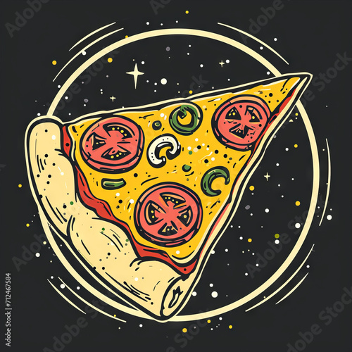 a cartoon hand drawn logo of pizza. on a black background 
