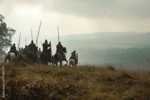 Norman Victory: An Iconic Scene from the Battle of Hastings - William the Conqueror's Invasion of England. Norman Knights Charge Uphill, Securing Victory against Anglo-Saxon Defenders in the Overcast 