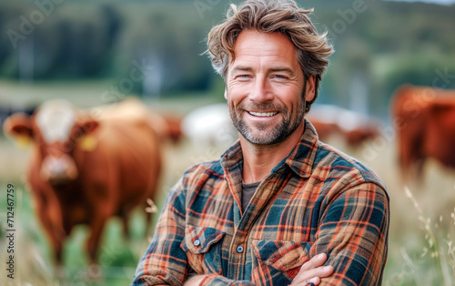 Half-portrait of man livestock farmer in Netherlands. Male agricultural farmer standing on pasture with crossed hands and smiling.