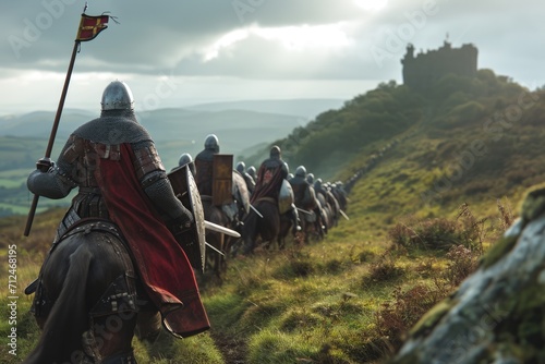 Norman Victory: An Iconic Scene from the Battle of Hastings - William the Conqueror's Invasion of England. Norman Knights Charge Uphill, Securing Victory against Anglo-Saxon Defenders in the Overcast 