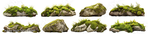 Set of moss-covered rocks in natural settings, cut out