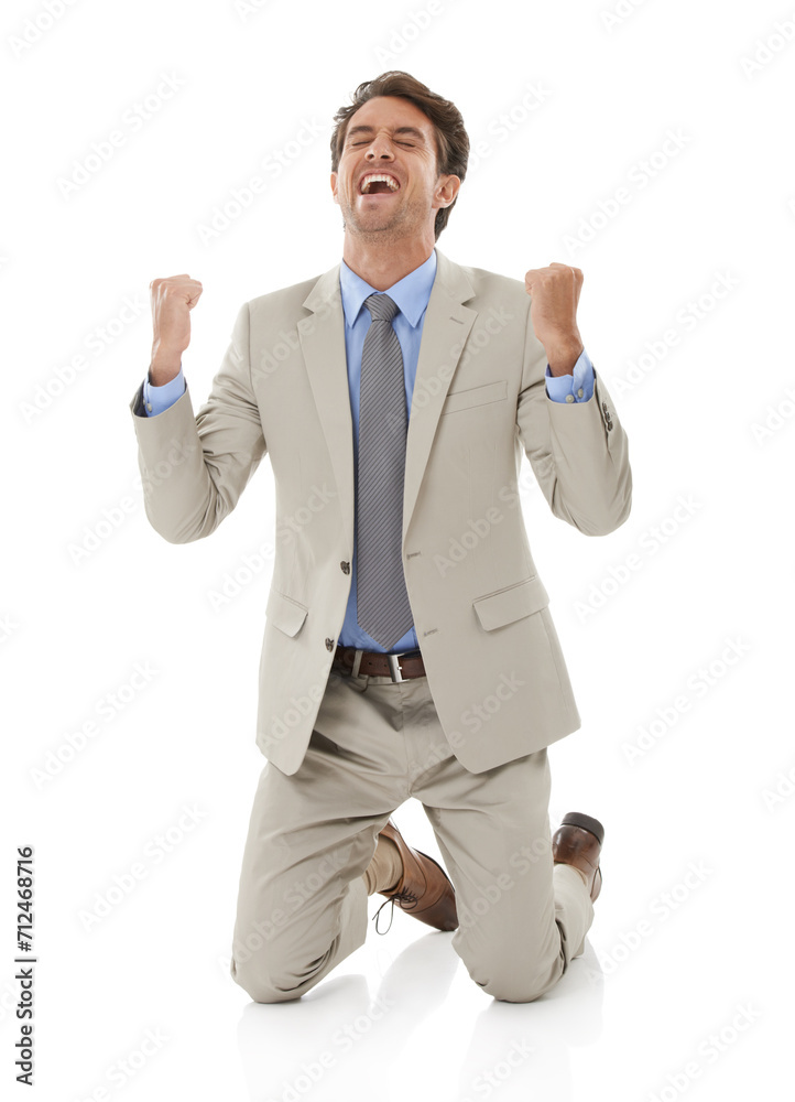 Happy businessman, fist pump and celebration for winning or success against a white studio background. Excited man or employee in relief or satisfaction for bonus, promotion or achievement on mockup Happy businessman, fist pump and celebration for winning or success against a white studio background. Excited man or employee in relief or satisfaction for bonus, promotion or achievement on mockup