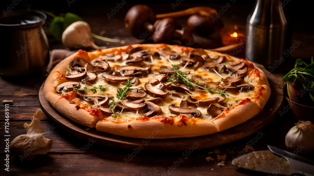 pizza on a table, mushroom pizza