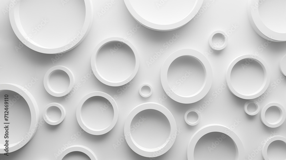 Minimalist abstract background of white circles with light and soft shadows.Digital concept. 3d illustration.