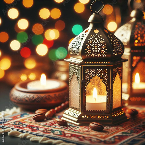 Arabic lantern with burning candle and bokeh lights on the top Ramadan Kareem abstract background Ai generative.