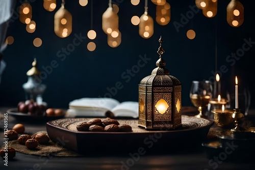 Ornamental Arabic Lantern and Glowing Candle Night Scene. Create a Festive Greeting Card or Invitation with this Captivating Image for the Muslim Holy Month Ramadan Kareem. Perfect for Celebratory