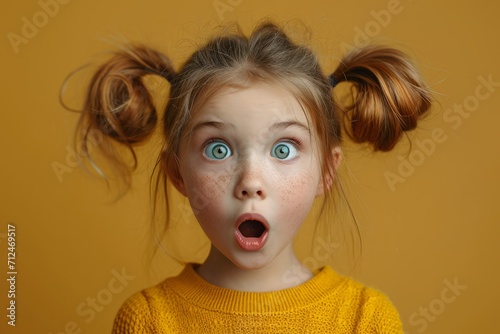 Photo of astonished little girl with funny ponytails floating in the air, she is surprised, her mouth open, banner with empty space, discount, sale, isolated monochrome background