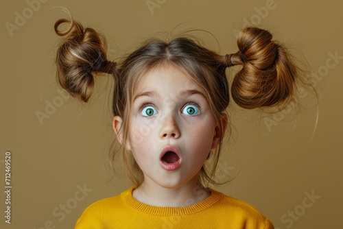 Photo of astonished little girl with funny ponytails floating in the air, she is surprised, her mouth open, banner with empty space, discount, sale, isolated monochrome background