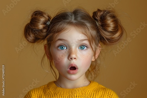 Photo of astonished little girl with funny ponytails floating in the air, she is surprised, her mouth open, banner with empty space, discount, sale, isolated monochrome background