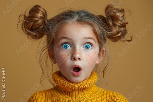Photo of astonished little girl with funny ponytails floating in the air, she is surprised, her mouth open, banner with empty space, discount, sale, isolated monochrome background
