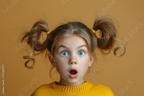 Photo of astonished little girl with funny ponytails floating in the air, she is surprised, her mouth open, banner with empty space, discount, sale, isolated monochrome background