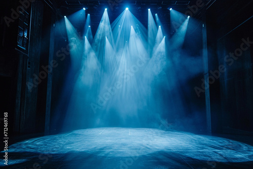 Contemporary dance takes center stage under the spotlight's glow. Monochromatic colors and strategic lighting design on an empty stage create an artistic atmosphere for engaging entertainment.