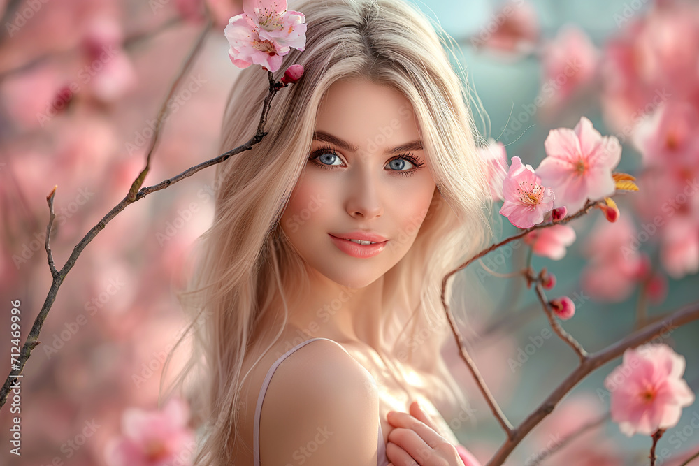 Portrait of a woman in a garden with pink flowering trees close-up