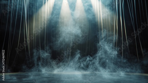 Stage background design, heavy velvet curtain open, black stage background illuminated by bright rays of light, spotlights and artificial smoke.