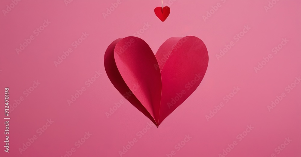 Minimalistic Heart made of red paper on a pink background, with space for text. Card concept for Valentine's Day, Weddings, Women's Day