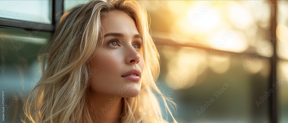 Naklejka premium Captivating Close-Up Portrait of a Young Woman Basking in the Golden Hour Sunlight, Exemplifying Natural Beauty and Serene Elegance