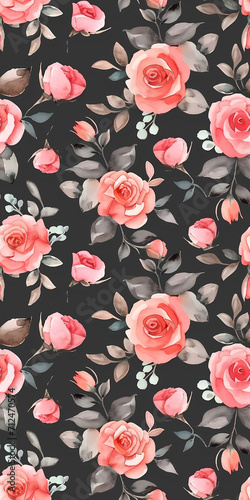 Wallpaper Mural Watercolor seamless pattern with pink roses and black background. Elegance. Wallpaper. Print for fabric, textile, paper, interior, gift paper. Blue and white. Torontodigital.ca
