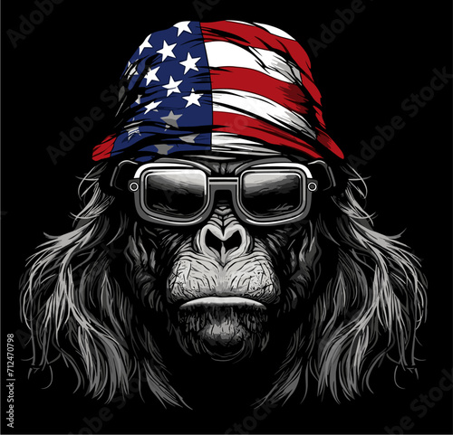Vector drawing for t-shirt. 
Ferocious gorilla monkey with glasses 
with american flag on black background. 
Fashionable print for fabric, paper, men clothing,
hoodie, biker jacket.