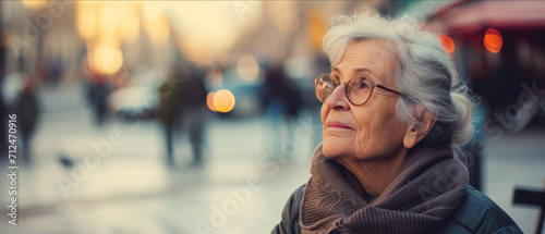 Elderly Woman Contemplating Life's Journey in the Warm Glow of Sunset on a Busy City Street photo