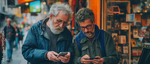 Two Senior Men Engrossed in Technology Amidst the Urban Rush: Bridging the Digital Divide