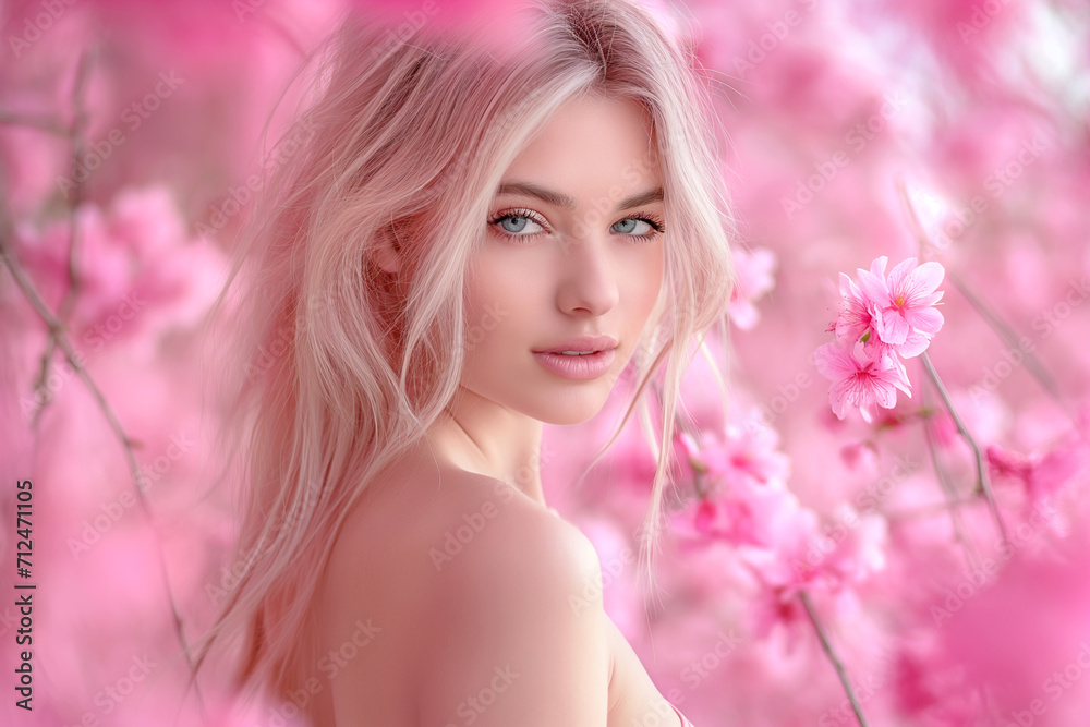 beautiful woman with pink flowers portrait, young glamour and luxury female with perfect skin
