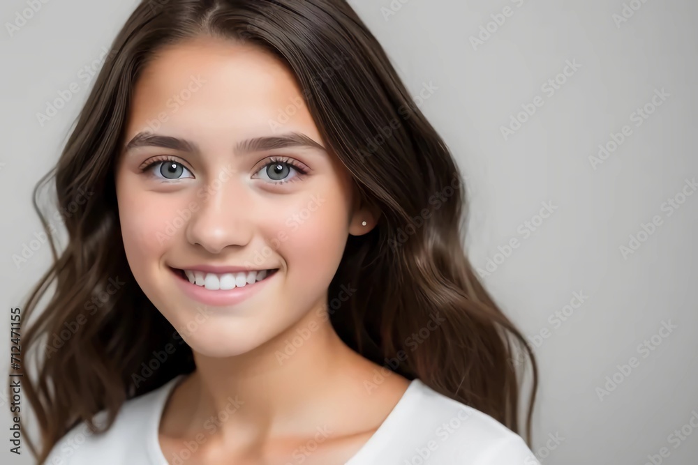 Happy smiling girl woman female face hair smile person people human. Generated AI Happy smiling girl woman female face hair smile person people human. Generated AI