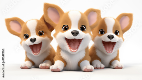 three corgis with smile on white background cartoon © Surasri