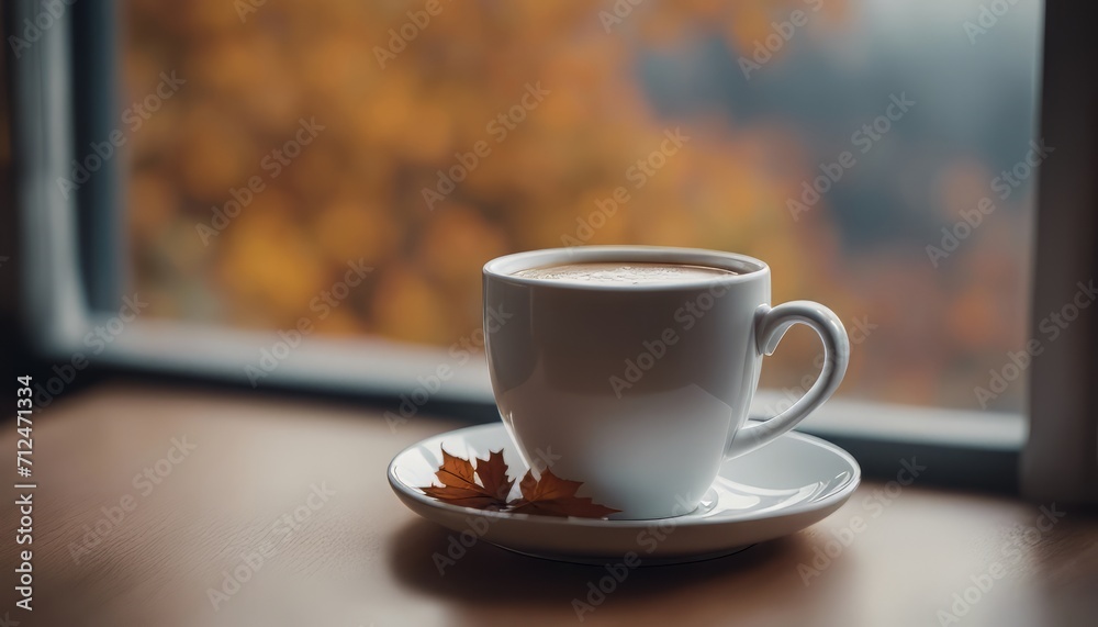 Fototapeta premium Cup of hot autumn coffee or tea on the window. Living in Hygge style. Hot drink in cold autumn