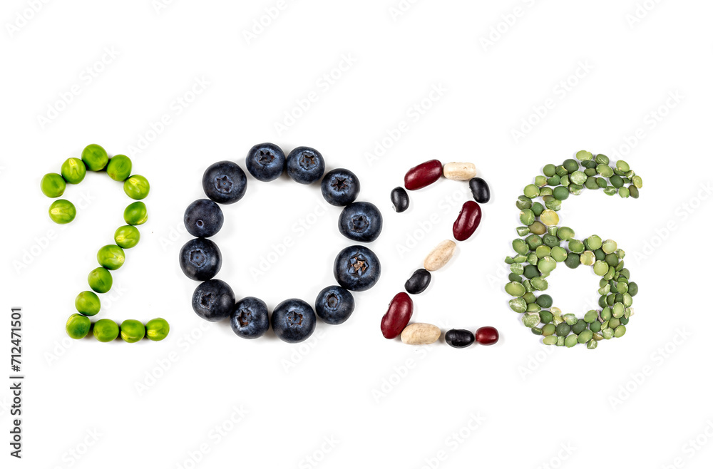 Happy New Year 2026 number made of fruits and vegetable on white Happy New Year 2026 number made of fruits and vegetable on white