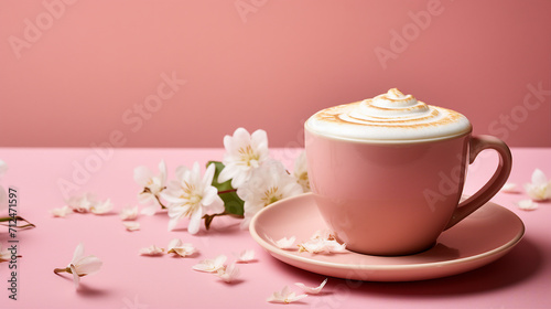 Pink Trending Cappuccino on Isolated Background with White Flower Petals - Stylish Coffee Beverage for Trendy Promotions and Creative Content.
