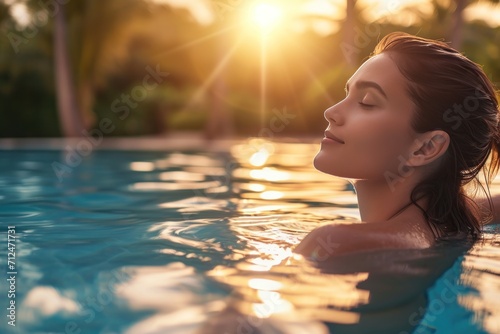 Woman relaxing in an outdoor swimming pool in a tropical hotel resort enjoying perfect holiday vacation.