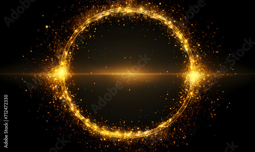 Gold circle frame with sparkling light, glitter particle and star light effect. Golden shimmer ring round border with shining light, png transparent  photo