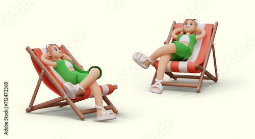 Realistic girl in green summer clothes resting on beach chair. Young lady on summer vacations concept. Time to travel. Vector illustration in 3d style with shadow