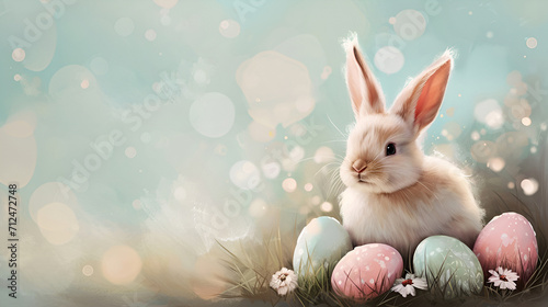 Cute beige Easter bunny among delicate spring flowers and painted pastel Easter eggs, on a blue background in haze and muted tones with copy space