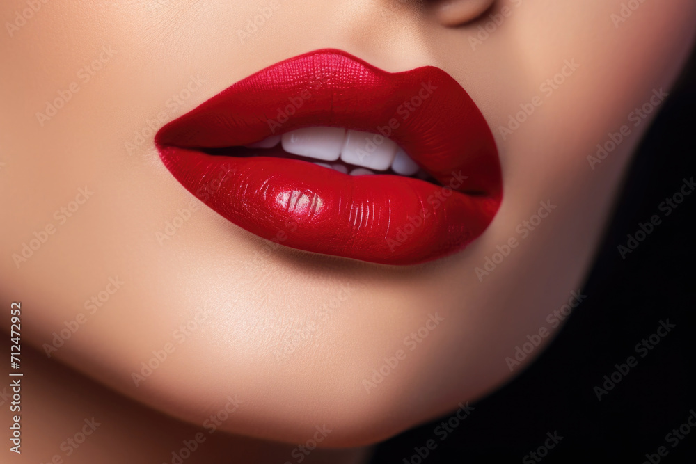 Fototapeta premium Close up view of beautiful woman lips with red lipstick. Cosmetology, drugstore or fashion makeup concept.