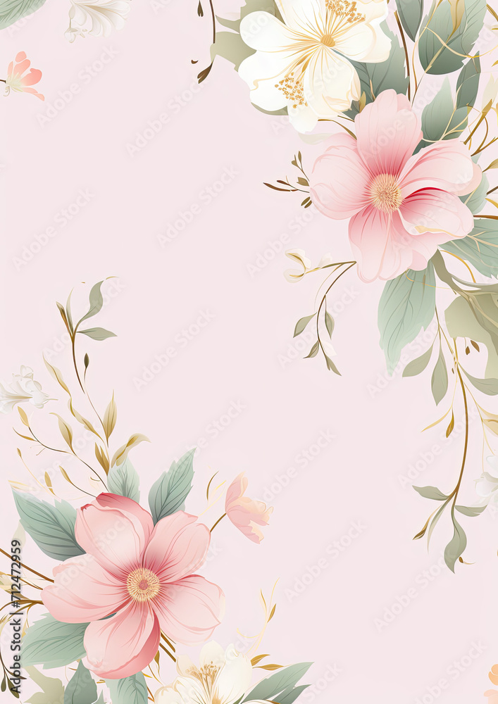 Floral border pattern on pink background in the style of soft focus romanticism , light green and light gold.