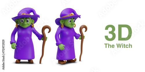 Green witch in purple costume standing and holding cane. Celebration Halloween. Figure of fantastic person on white background in different positions. Vector illustration in 3d style