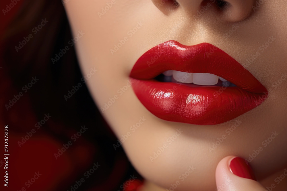 Close up view of beautiful woman lips with red lipstick. Cosmetology, drugstore or fashion makeup concept.