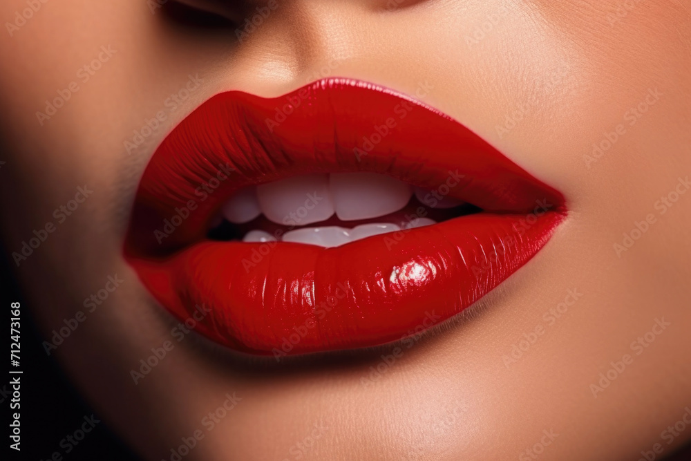 Close up view of beautiful woman lips with red lipstick. Cosmetology, drugstore or fashion makeup concept. Close up view of beautiful woman lips with red lipstick. Cosmetology, drugstore or fashion makeup concept.