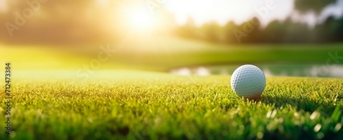 Close-up of golf ball on green grass of golf at sunset , sunny day, blurred backdrop, horizontal background, copy space for text, sport concept 