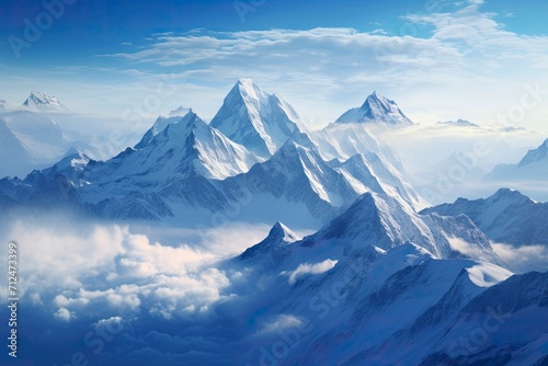 Snow-covered peaks rising majestically above a sea of clouds under a clear blue sky, exuding natural grandeur and tranquility. Generative ai 