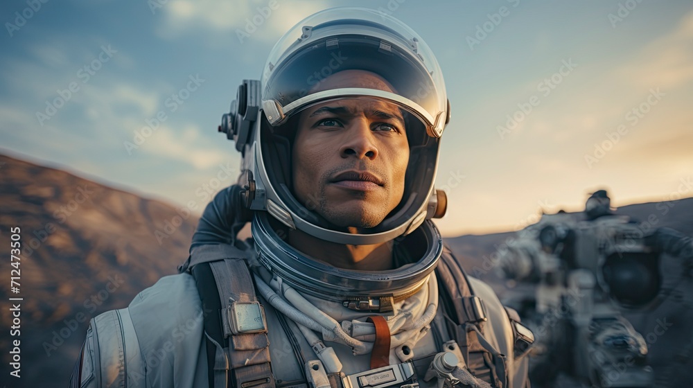 Portrait of a focused astronaut in full gear against a dusky sky, embodying exploration and determination.Generative ai
